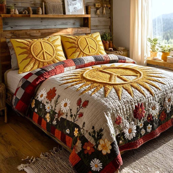 Flower Power quilted 3-piece bedding set on a made bed with two matching pillow shams