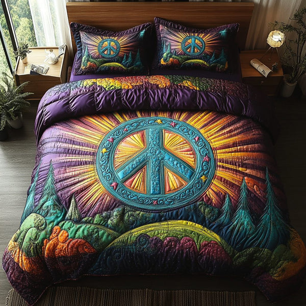 Flower Power quilted 3-piece bedding set on a made bed with two matching pillow shams