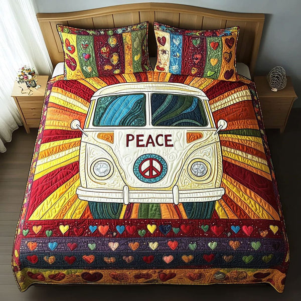Flower Power quilted 3-piece bedding set on a made bed with two matching pillow shams