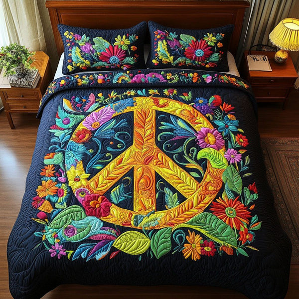 Flower Power quilted 3-piece bedding set on a made bed with two matching pillow shams