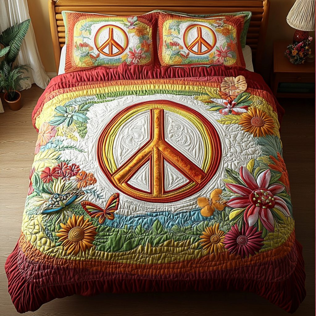 Flower Power quilted 3-piece bedding set on a made bed with two matching pillow shams