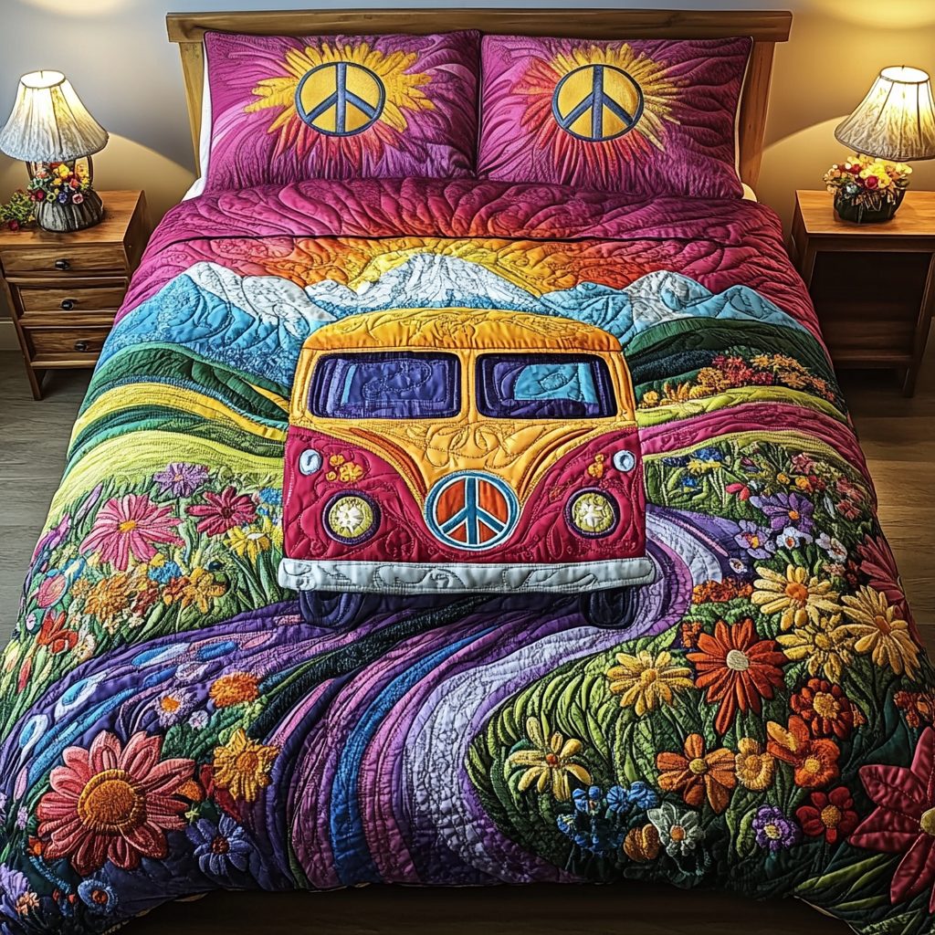 Flower Power quilted 3-piece bedding set on a made bed with two matching pillow shams