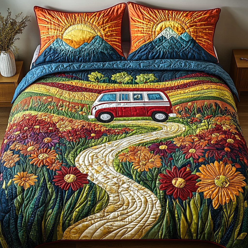 Flower Power Ride quilted 3-piece bedding set on a made bed with two matching pillow shams