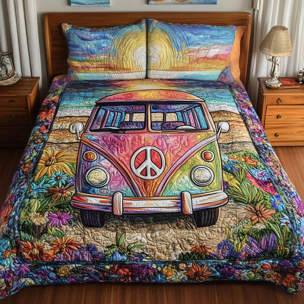 Flower Power Roadtrip quilted 3-piece bedding set on a made bed with two matching pillow shams