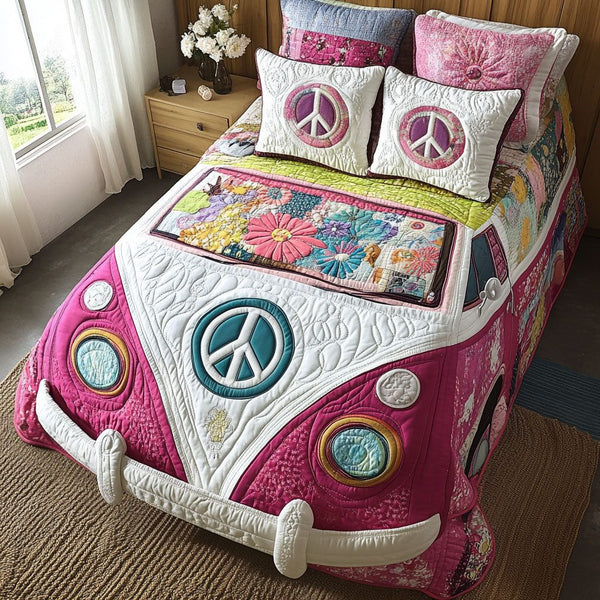 Flower Power Van quilted 3-piece bedding set on a made bed with two matching pillow shams