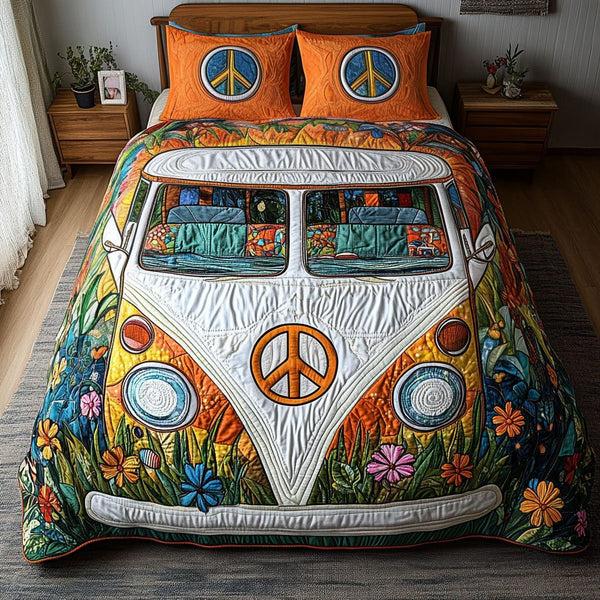 Flower Power Van quilted 3-piece bedding set on a made bed with two matching pillow shams