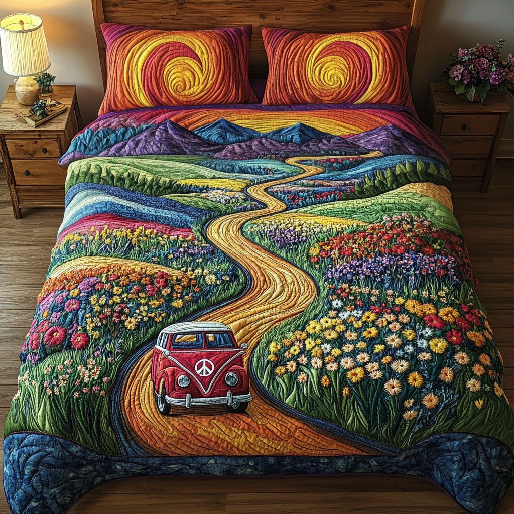 Flower-Powered Journey quilted 3-piece bedding set on a made bed with two matching pillow shams