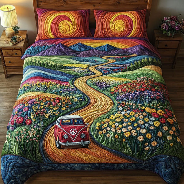 Flower-Powered Journey quilted 3-piece bedding set on a made bed with two matching pillow shams