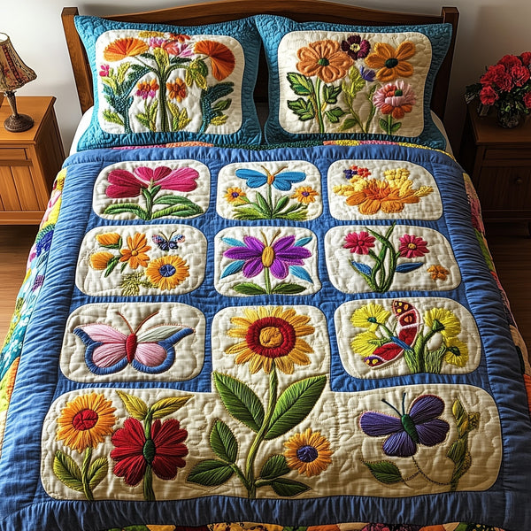 Flower quilted 3-piece bedding set on a made bed with two matching pillow shams