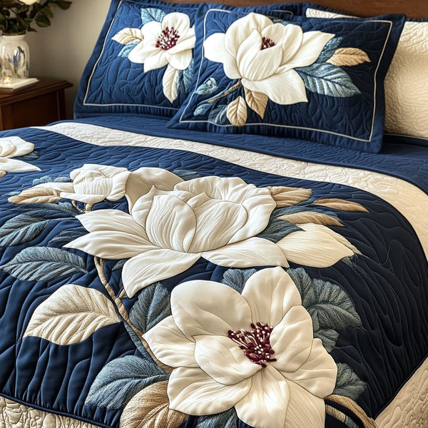 Flower quilted 3-piece bedding set on a made bed with two matching pillow shams