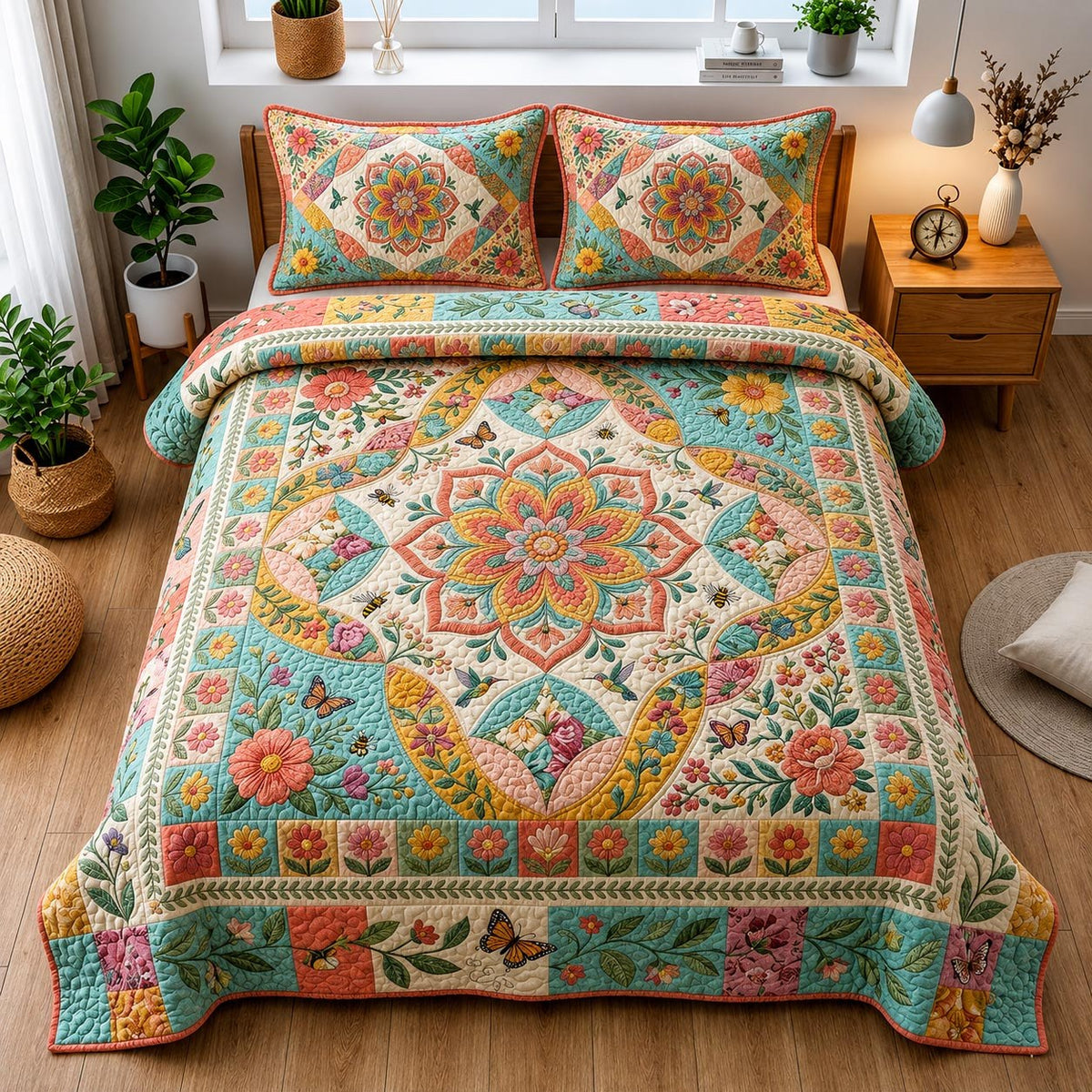 Flower Retreat quilted 3-piece bedding set on a made bed with two matching pillow shams