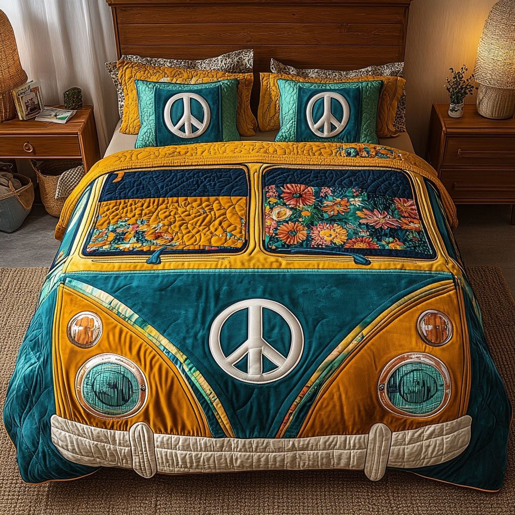 Flower Ride Blue quilted 3-piece bedding set on a made bed with two matching pillow shams