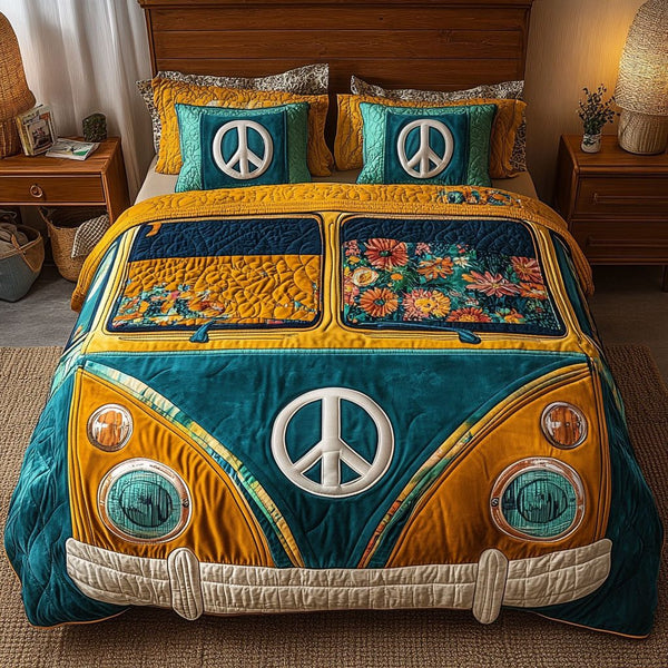 Flower Ride Blue quilted 3-piece bedding set on a made bed with two matching pillow shams