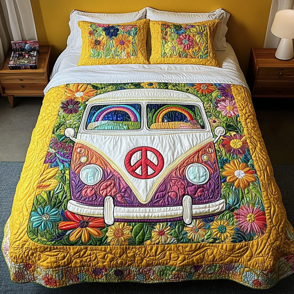 Flower Van quilted 3-piece bedding set on a made bed with two matching pillow shams