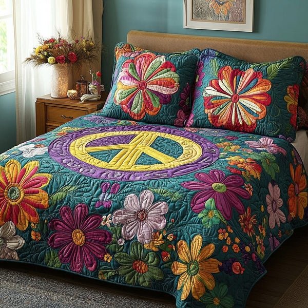 Flower Vibes quilted 3-piece bedding set on a made bed with two matching pillow shams