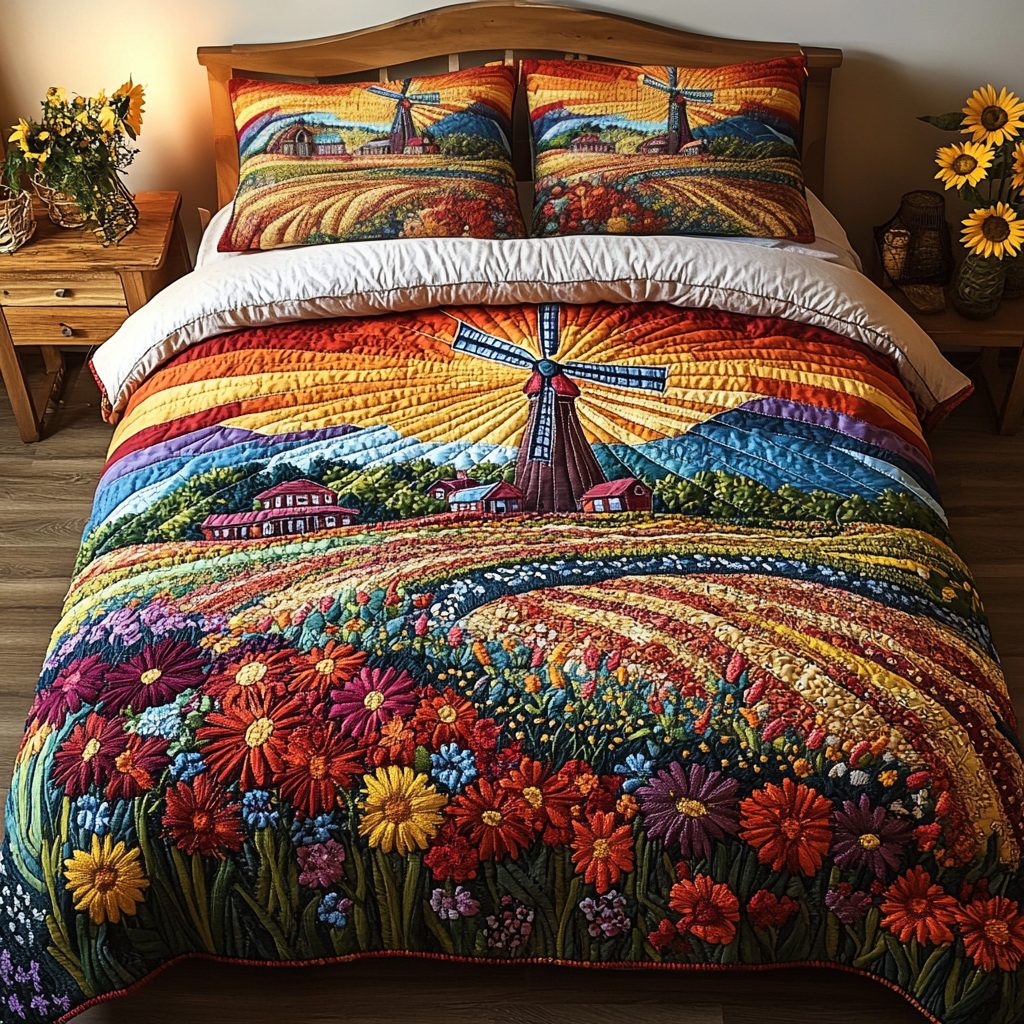Flower Winds quilted 3-piece bedding set on a made bed with two matching pillow shams