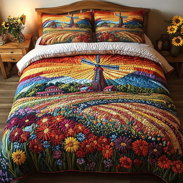Flower Winds quilted 3-piece bedding set on a made bed with two matching pillow shams