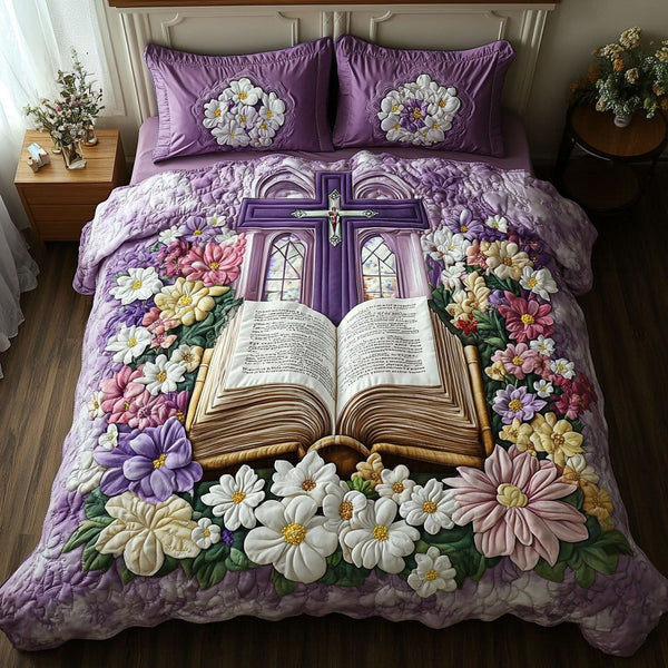 Flowered Cross quilted 3-piece bedding set on a made bed in a softly lit bedroom