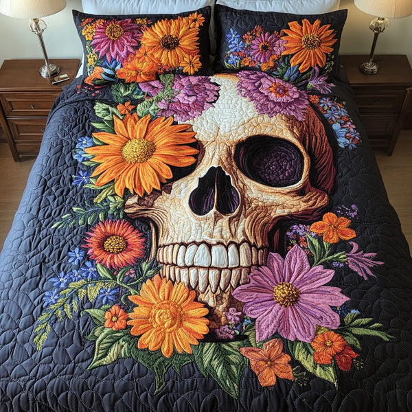 Flowered Fusion quilted 3-piece bedding set on a made bed with two matching pillow shams