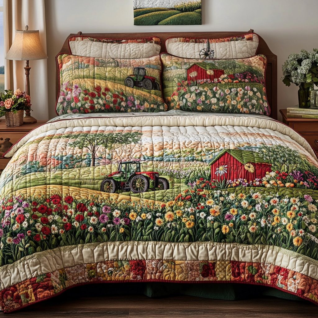 Flowered Harvest quilted 3-piece bedding set on a made bed with two matching pillow shams