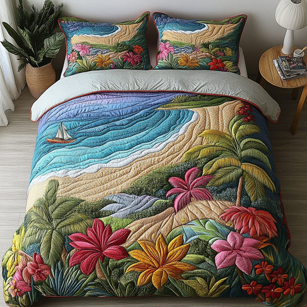 Flowered Paradise quilted 3-piece bedding set on a made bed with two matching pillow shams