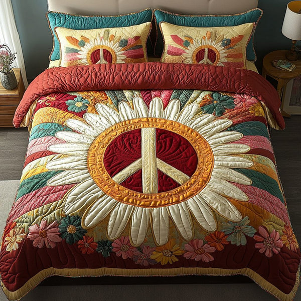 Flowered Peace quilted 3-piece bedding set on a made bed with two matching pillow shams