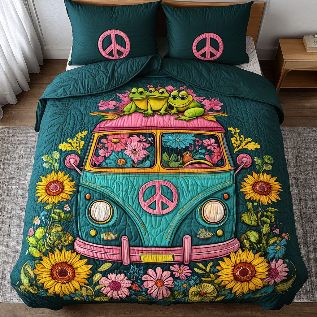 Flowerfield Frogs quilted 3-piece bedding set on a made bed with two matching pillow shams