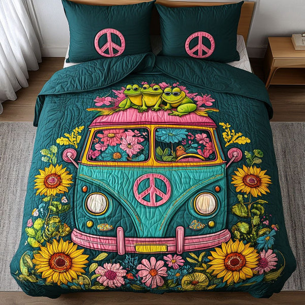 Flowerfield Frogs quilted 3-piece bedding set on a made bed with two matching pillow shams