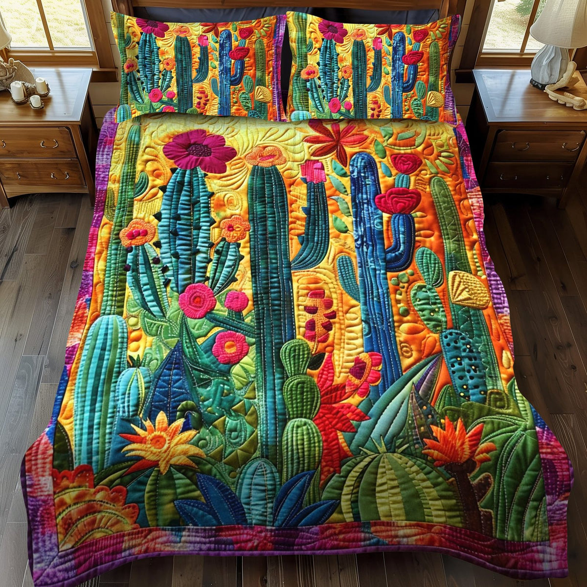 Flowering Cactus quilted 3-piece bedding set on a made bed with two matching pillow shams
