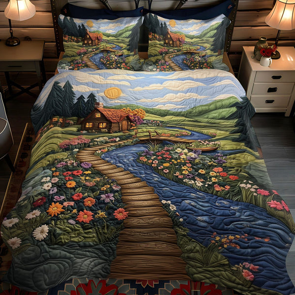Flowering Pathway quilted 3-piece bedding set on a made bed with two matching pillow shams