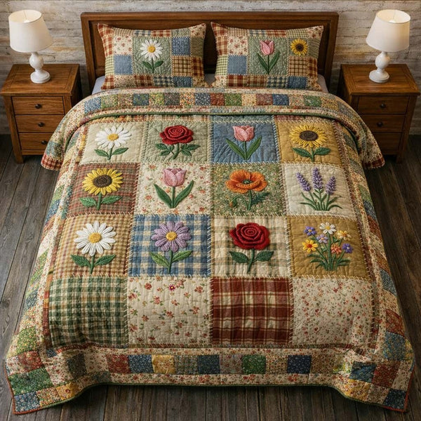 Flowers Patchwork quilted 3-piece bedding set on a made bed in a farmhouse bedroom