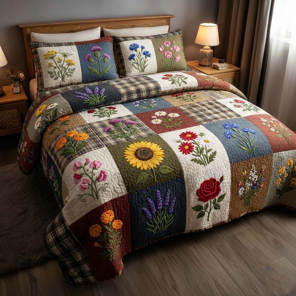 Flowers Patchwork quilted 3-piece bedding set on a made bed in a farmhouse bedroom