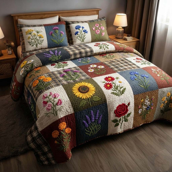 Flowers Patchwork quilted 3-piece bedding set on a made bed in a farmhouse bedroom