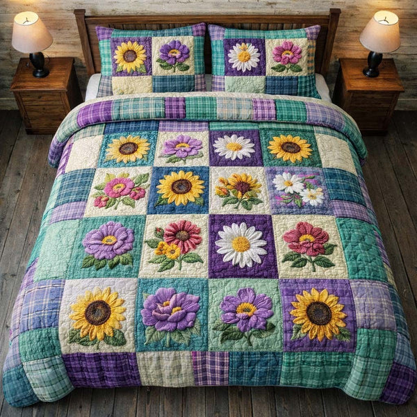 Flowers Patchwork quilted 3-piece bedding set on a made bed in a farmhouse bedroom