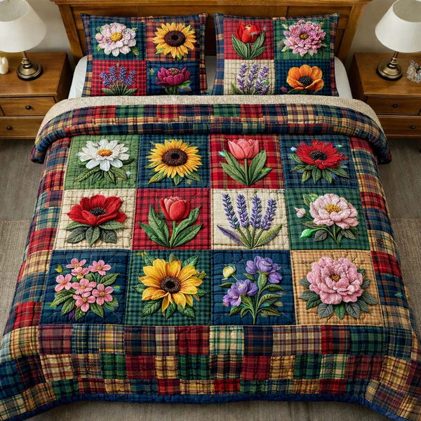 Flowers Patchwork quilted 3-piece bedding set on a made bed in a farmhouse bedroom