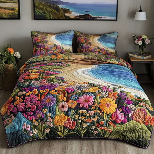 Flowery Escape quilted 3-piece bedding set on a made bed with two matching pillow shams