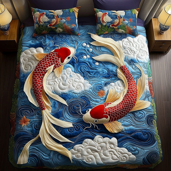 Flowing Koi quilted 3-piece bedding set on a made bed with two matching pillow shams