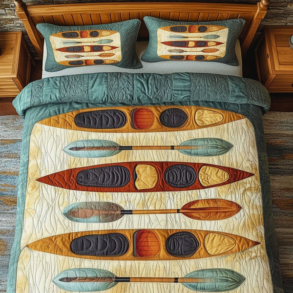Flowing Stream quilted 3-piece bedding set on a made bed with two matching pillow shams