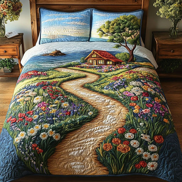 Flowing Tranquility quilted 3-piece bedding set on a made bed with two matching pillow shams