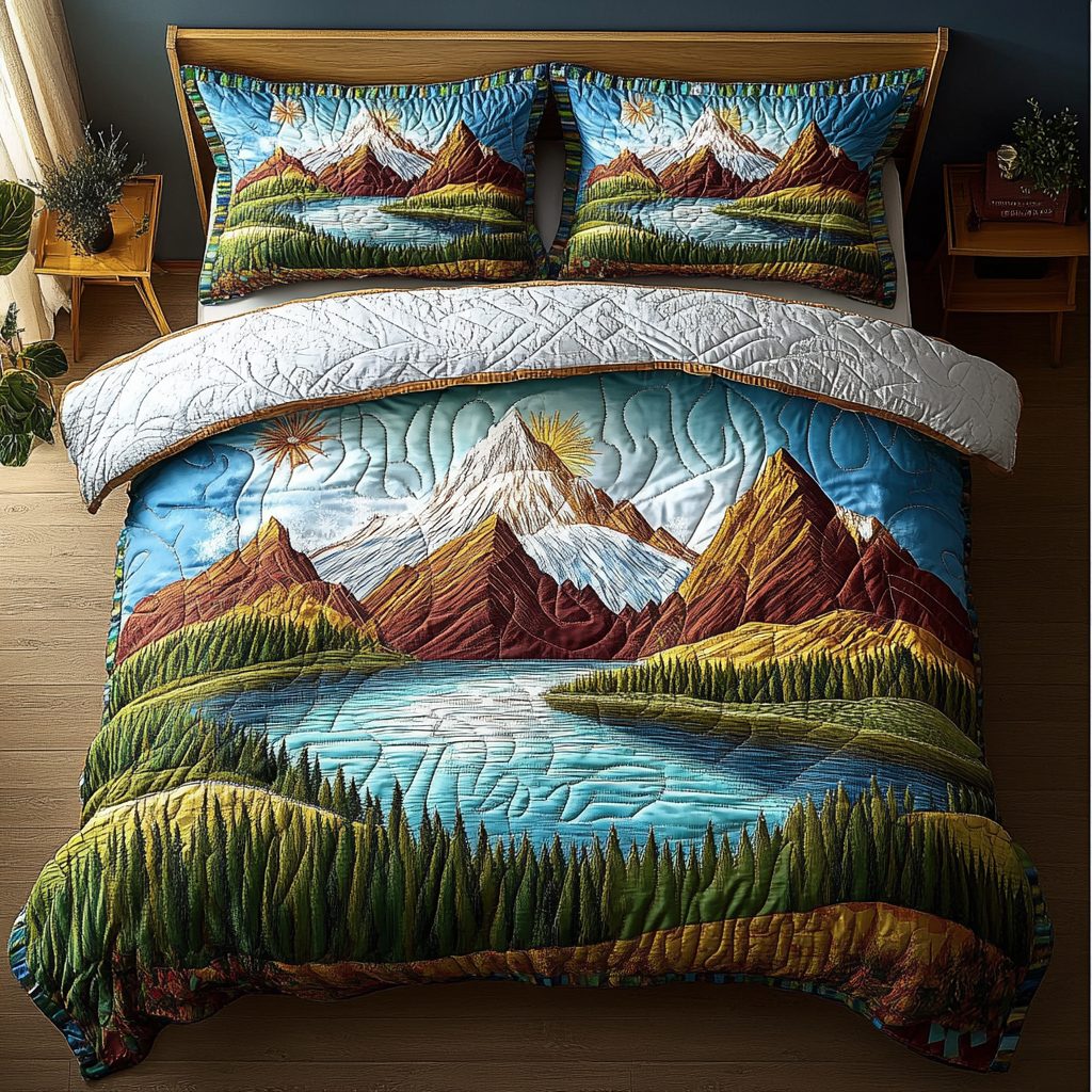 Flowing Waters quilted 3-piece bedding set on a made bed with two matching pillow shams