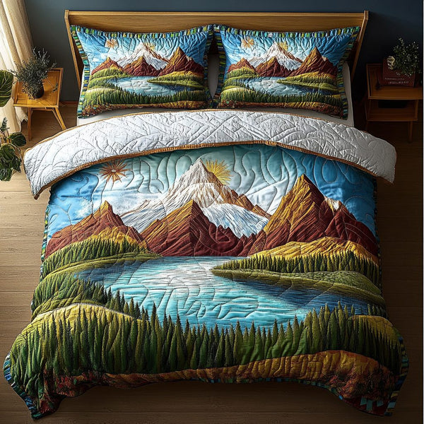 Flowing Waters quilted 3-piece bedding set on a made bed with two matching pillow shams