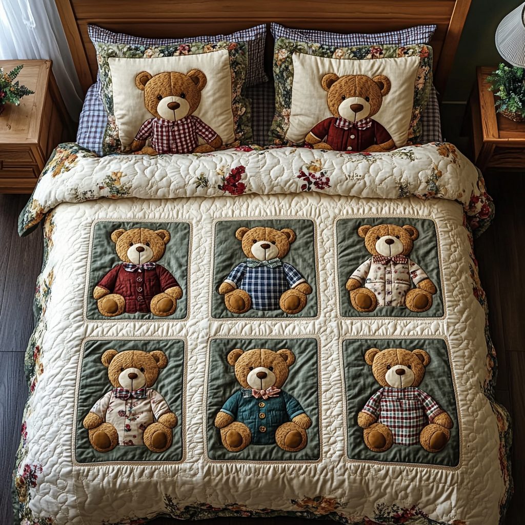 Fluffy Charm quilted 3-piece bedding set on a made bed with two matching pillow shams