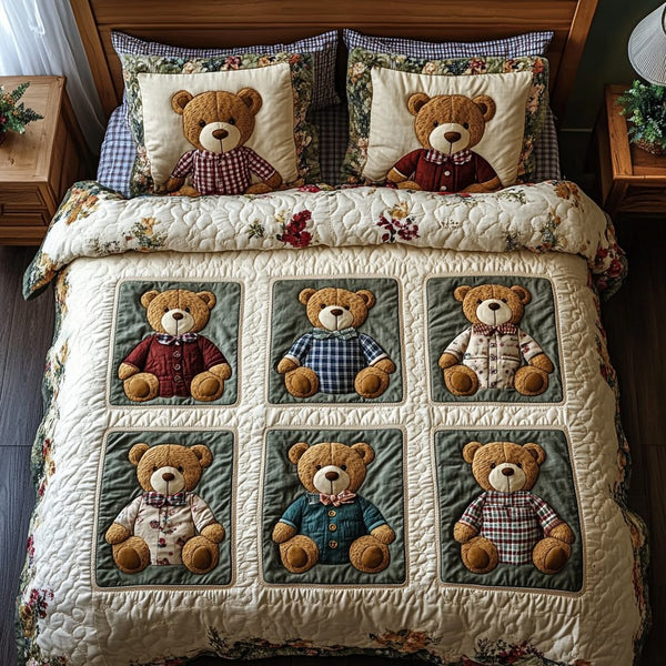 Fluffy Charm quilted 3-piece bedding set on a made bed with two matching pillow shams