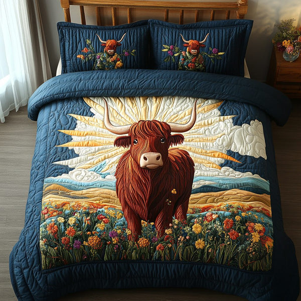 Fluffy Cow quilted 3-piece bedding set on a made bed with two matching pillow shams