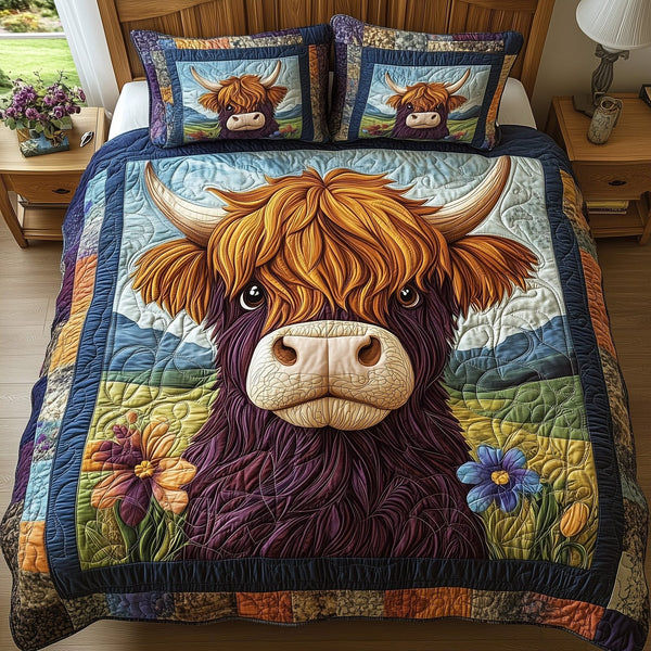 Fluffy Fighter quilted 3-piece bedding set on a made bed with two matching pillow shams