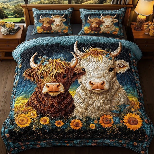 Fluffy Friends quilted 3-piece bedding set on a made bed with two matching pillow shams