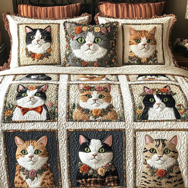 Fluffy Friends quilted 3-piece bedding set on a made bed with two matching pillow shams