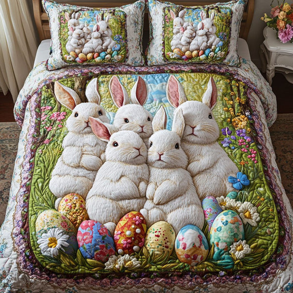 Fluffy Gathering quilted 3-piece bedding set on a made bed with two matching pillow shams