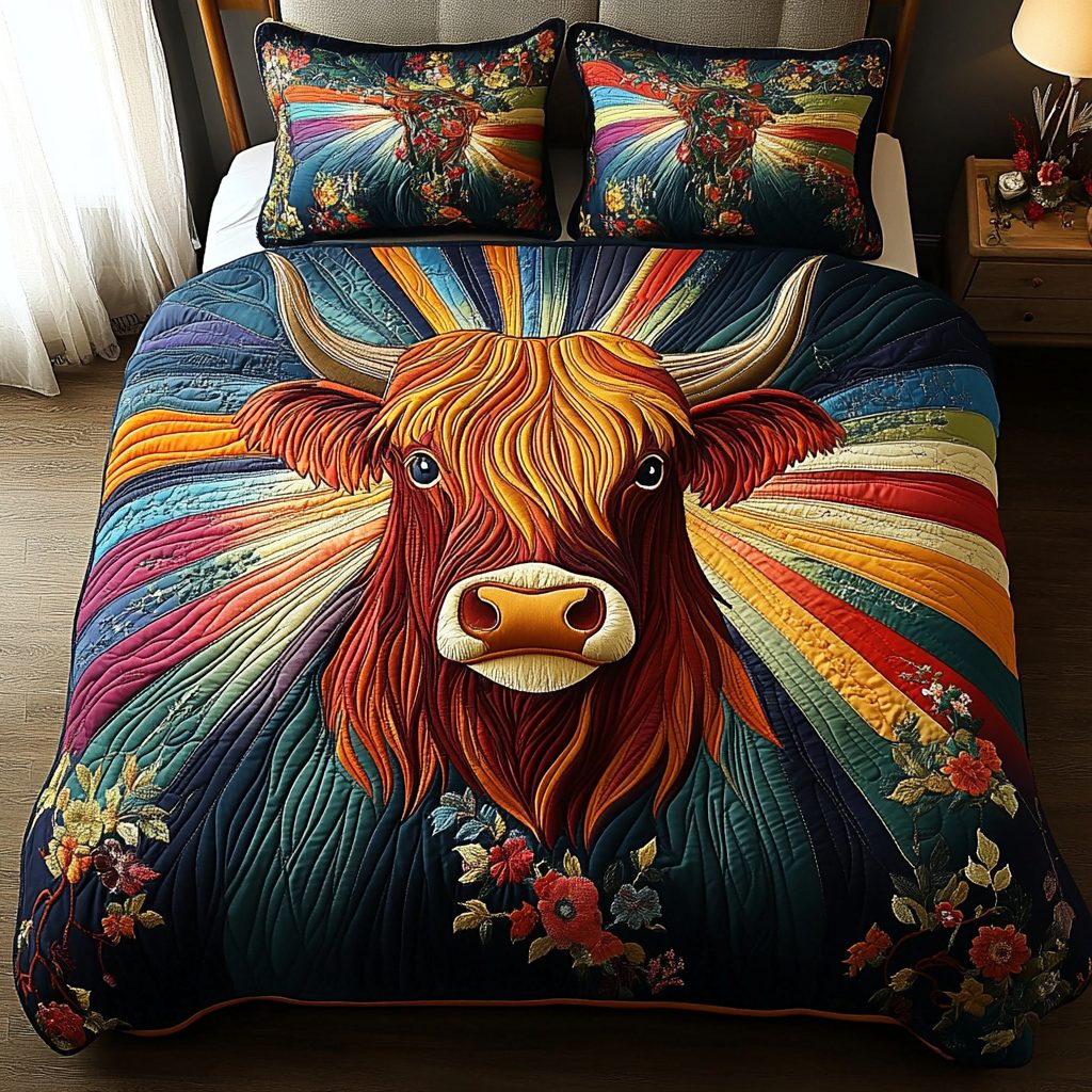 Fluffy Pastures quilted 3-piece bedding set on a made bed with two matching pillow shams