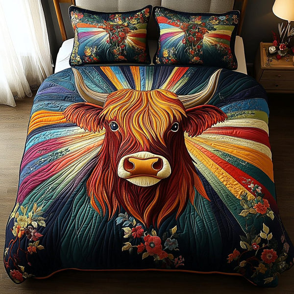 Fluffy Pastures quilted 3-piece bedding set on a made bed with two matching pillow shams